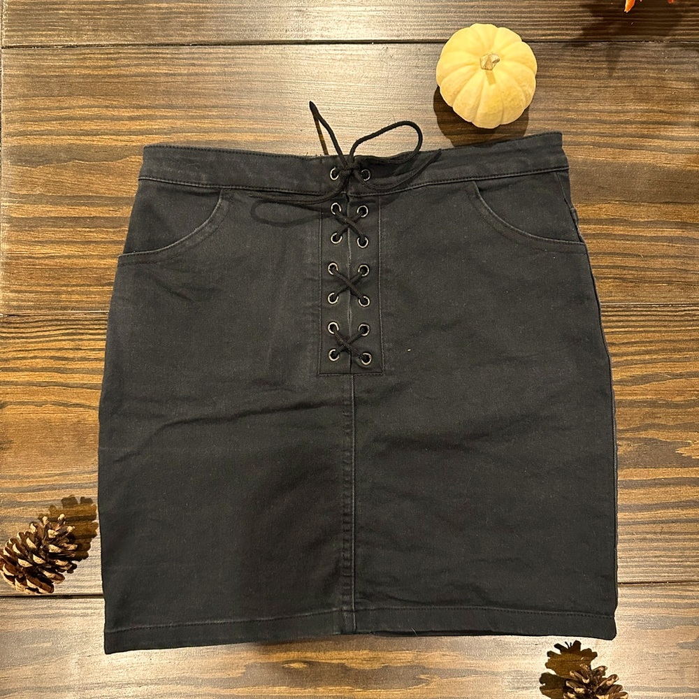 Black Denim Lace-up Mini Skirt